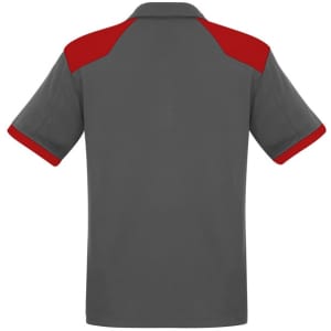 A grey short sleeve polo shirt with red shoulder and sleeve accents. Includes a logo on the chest area.