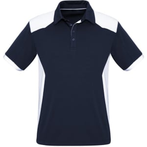 A navy blue polo shirt with white accents, featuring a collar and short sleeves. It has a logo on the chest.