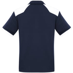 A navy polo shirt featuring white accents on the sleeves and shoulders, designed for men.