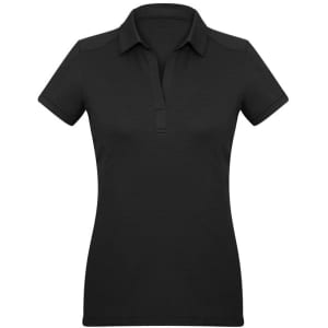 A black short sleeve polo shirt for women with a collar and a logo on the chest.