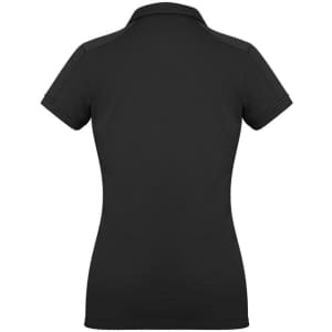 A women's short sleeve polo shirt in black, featuring a fitted design and a collar. The shirt includes a logo.