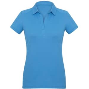 A women's short sleeve polo shirt in a vibrant blue colour, featuring a collar and a logo.