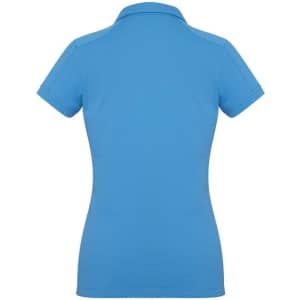 A women's short sleeve polo shirt in a bright blue colour featuring a subtle ribbed texture and a branded logo.