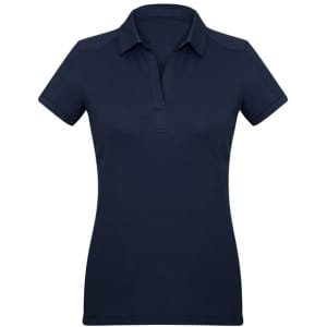 A navy blue women's short sleeve polo shirt with a collar and a logo on the chest.