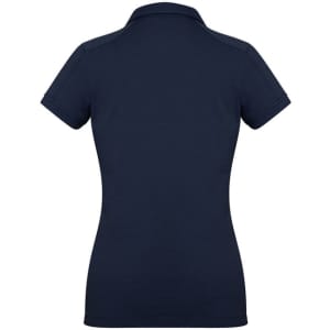 A navy women's short sleeve polo shirt with a fitted design and a collar, featuring a logo.
