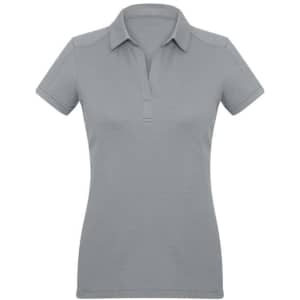 A women's short sleeve polo shirt in a light grey colour, featuring a classic collar and a logo.