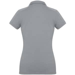 A women's short sleeve polo shirt in grey, featuring a fitted design and a collar. It has a branding logo.