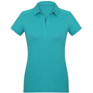 A turquoise women's profile short sleeve polo shirt featuring a simple design and a collar. It has a logo.
