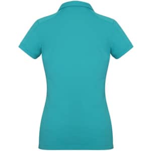 A women's short sleeve polo shirt in turquoise with a fitted design and a collar, featuring a branding logo.