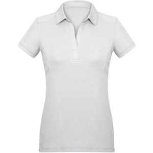 A women's short sleeve polo shirt in light grey, featuring a collar and a logo.