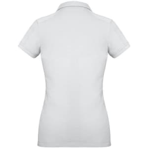 A women's short sleeve polo shirt in light grey with a logo on the back.