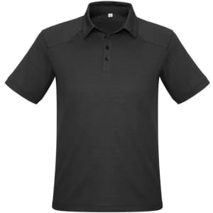 A short sleeve polo shirt in black, featuring a collar and three buttons, with a subtle textured pattern.