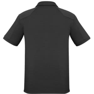 A black men's short sleeve polo shirt featuring a logo, with a textured design on the fabric.