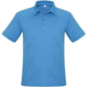 A blue short sleeve polo shirt with three buttons and a subtle texture, featuring a logo.