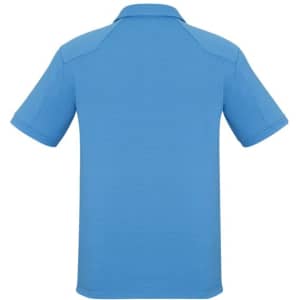 A blue men's short sleeve polo shirt featuring a collar and a branded logo on the back.