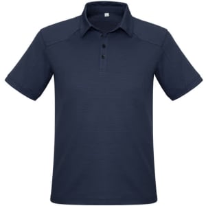 A navy blue men's short sleeve polo shirt featuring a collar and button placket, with a logo present.