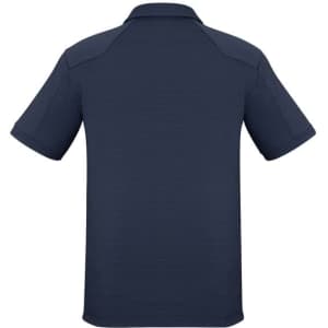 A navy blue men's short sleeve polo shirt with a collared neck and a logo on the side.
