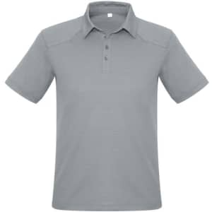 A light grey men's short sleeve polo shirt with a collar and three-button placket, featuring a logo.
