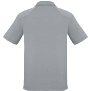 A light grey short sleeve polo shirt with a collar and a logo on the back.