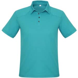 A teal short sleeve polo shirt featuring a collar, three buttons, and a logo.