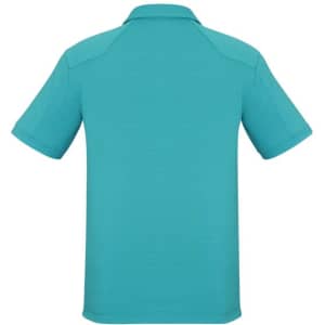 A short sleeve polo shirt in aqua blue, featuring a collar and back detailing, with a logo present.