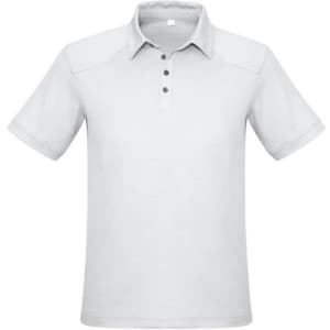A light grey short sleeve polo shirt with a collar and button placket, featuring a logo on the chest.