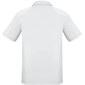 A plain grey men's short sleeve polo shirt with a collar, featuring a logo on the front.