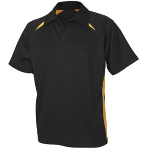 A black polo shirt with yellow side panels and a collar, featuring a logo on the chest area.