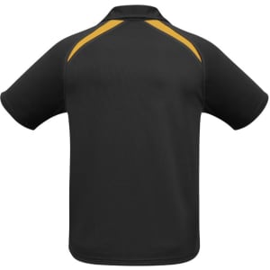 A black short sleeve polo shirt featuring yellow splice detailing and a logo on the front.