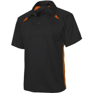A black polo shirt with orange accents and a logo, featuring short sleeves and a collared neck.