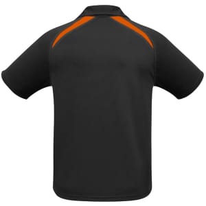 A black polo shirt with orange splice detailing and a collar. Features short sleeves and a logo.