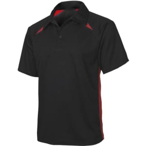 A black polo shirt with red side panels and a collar. It features a logo on the chest.