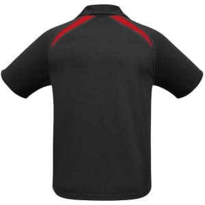 A men's short sleeve polo shirt in black with red splice detailing. Features a branding logo on the back.