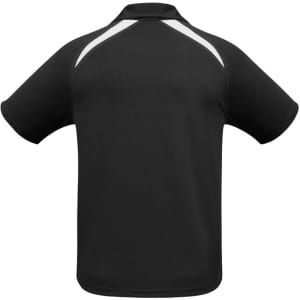 A black kids' polo shirt with short sleeves and white detailing on the back, featuring a logo.