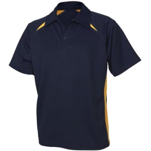 A navy and yellow kids' polo shirt featuring short sleeves and a collar, with a logo on the chest.