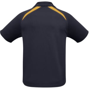 A navy blue kids' short sleeve polo shirt with yellow accents and a logo on the back.