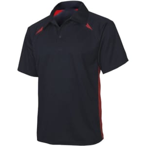 A black short sleeve polo shirt with red accents and a logo on the chest. Perfect for kids' casual wear.
