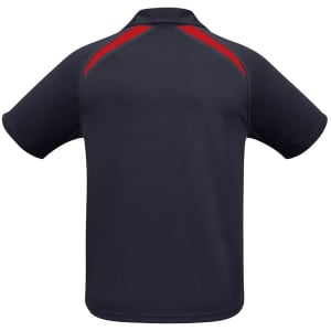 A short sleeve polo shirt in navy blue with red accents and a logo on the back.
