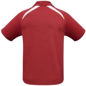 A red short sleeve polo shirt featuring white accents and a logo. Suitable for kids.