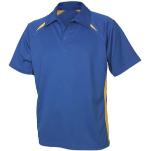 A blue polo shirt with yellow accents and a logo on the chest. Short sleeves and a collared neckline.