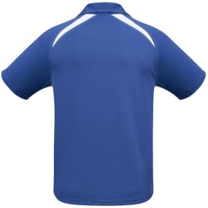A blue kids’ polo shirt with short sleeves and a white detailing, featuring a logo on the back.