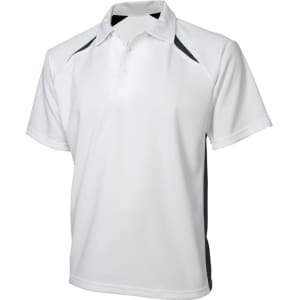 A white short sleeve polo shirt with black side accents and a collar, featuring a logo.