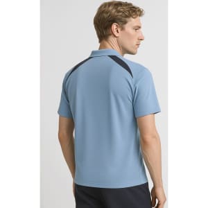 A mens splice short sleeve polo in a light blue colour, featuring contrasting dark blue accents and a logo.