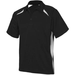 A black short sleeve polo shirt with white accents and a logo on the front.