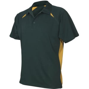 A green and yellow short sleeve polo shirt with a logo.