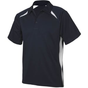 A black kids' polo shirt featuring white side panels and a collar, complete with a logo.