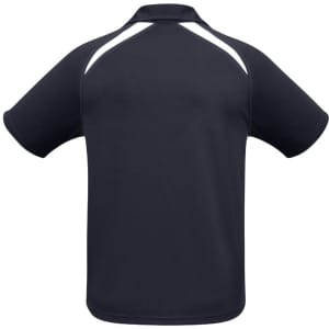 A navy polo shirt with short sleeves featuring white panel details and a logo on the back.