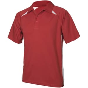 A red short sleeve polo shirt with white side panels and a collar, featuring a logo on the chest.