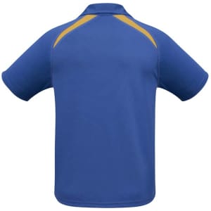 A blue polo shirt with short sleeves and yellow accents, featuring a logo on the back.