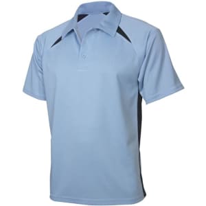 A short sleeve polo shirt in light blue with contrasting dark side panels and a collar, featuring a logo.